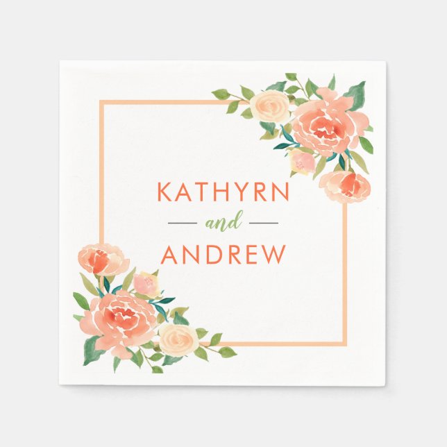 Peach Floral Border | Wedding Napkins (Front)