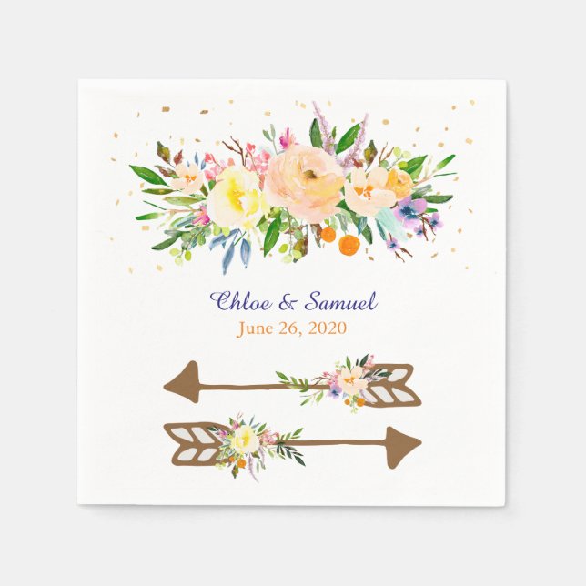 Peach Floral Bouquet Wedding Paper Napkins (Front)