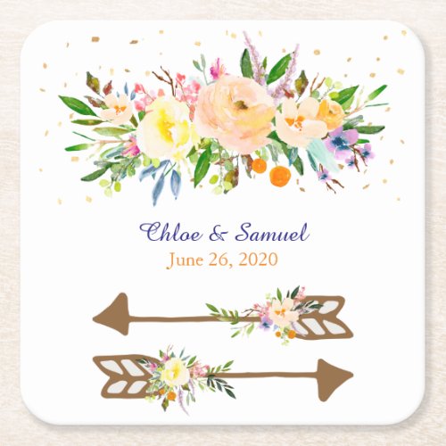 Peach Floral Bouquet Wedding Square Paper Coaster