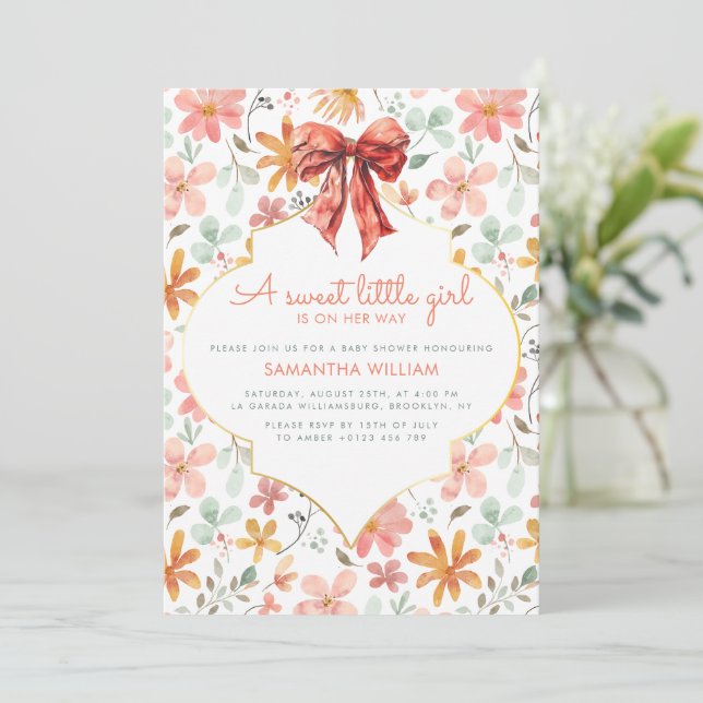 Peach Floral Bow Coquette Baby Shower  Invitation (Standing Front)
