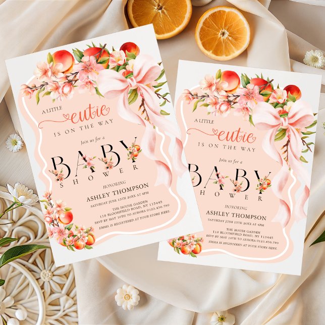 Peach Floral Bow Little Cutie Baby Shower  Invitation (Creator Uploaded)