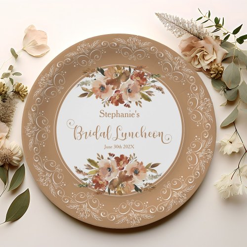 Peach Floral Bridal Luncheon Nut Shell Brown Paper Plates