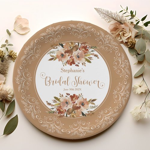 Peach Floral Bridal Shower Nut Shell Brown Paper Plates