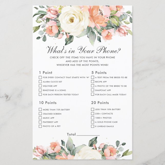 Peach Floral Bridal Shower What's in Your Phone (Front)