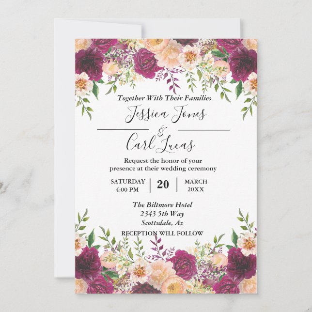 Peach Floral Burgundy Watercolor Autumn Invitation (Front)