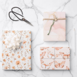 Peach Floral Butterflies Birthday Wrapping Paper Sheets