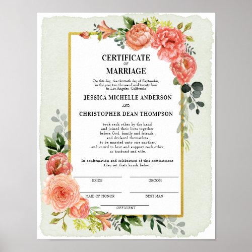 Peach Floral Certificate of Marriage Keepsake Poster
