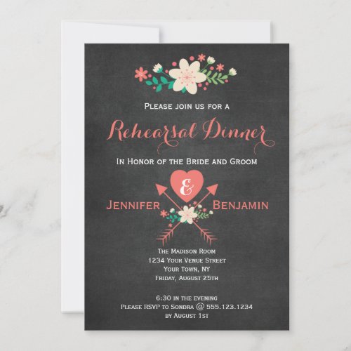 Peach Floral Chalkboard Rehearsal Dinner Invitation