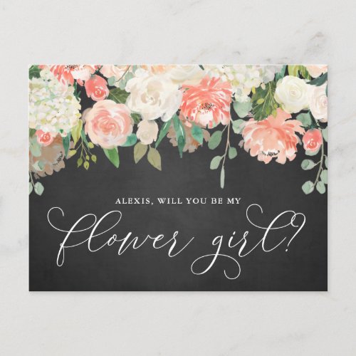 Peach Floral Chalkboard Will You Be My Flower Girl Postcard