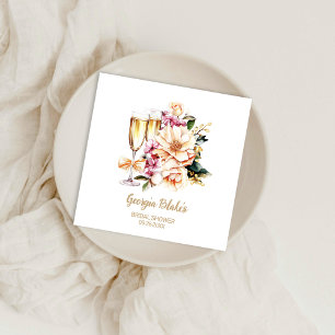 Peach Floral Champagne Glass Bridal Shower Napkins