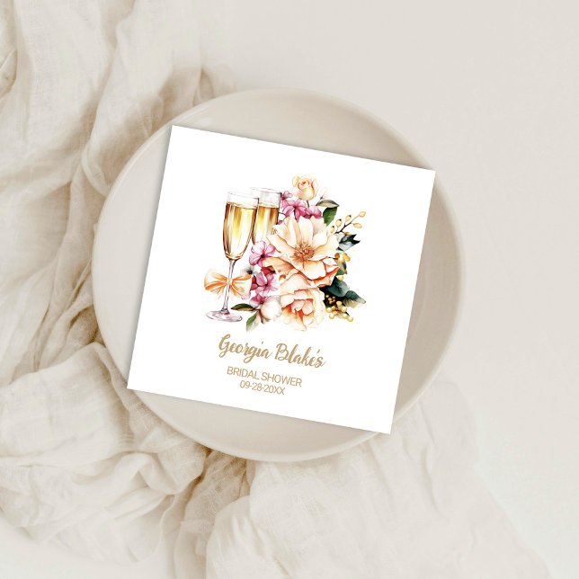 Peach Floral Champagne Glass Bridal Shower Napkins (Creator Uploaded)