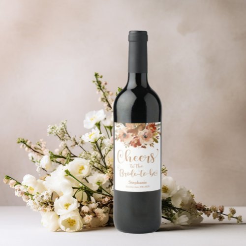 Peach Floral Cheers to the Bride_to_Be Nut Brown Wine Label