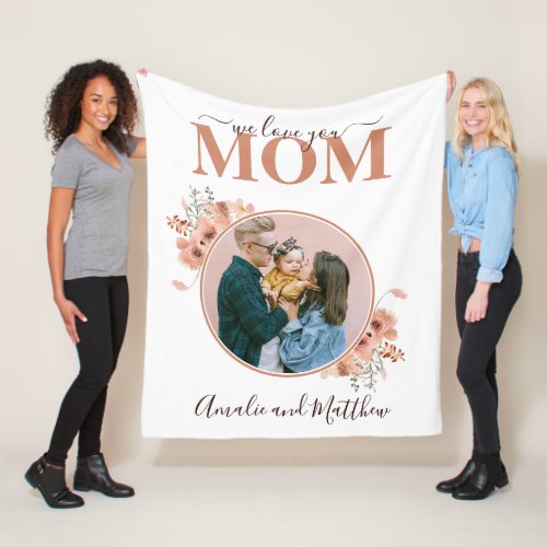 Peach Floral Circle Border with photo Mothers day Fleece Blanket
