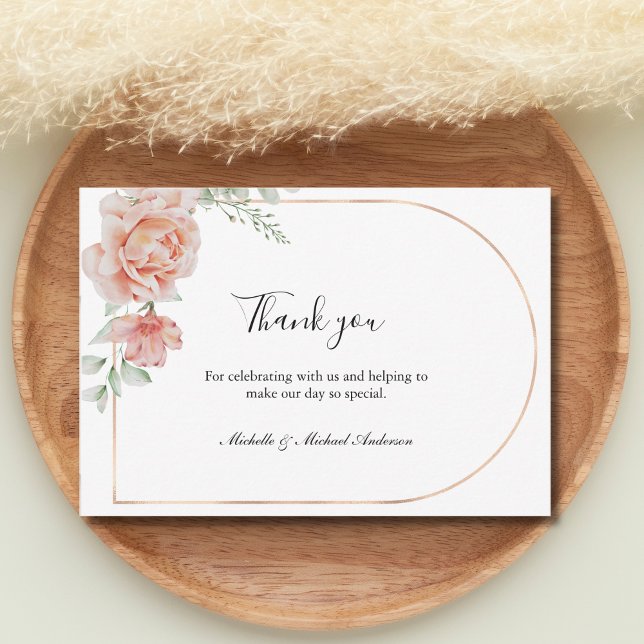 Peach Floral Classic Formal Wedding Thank you  Note Card (Watercolor Peach Floral Rose Gold Arch Wedding Thank you cards)