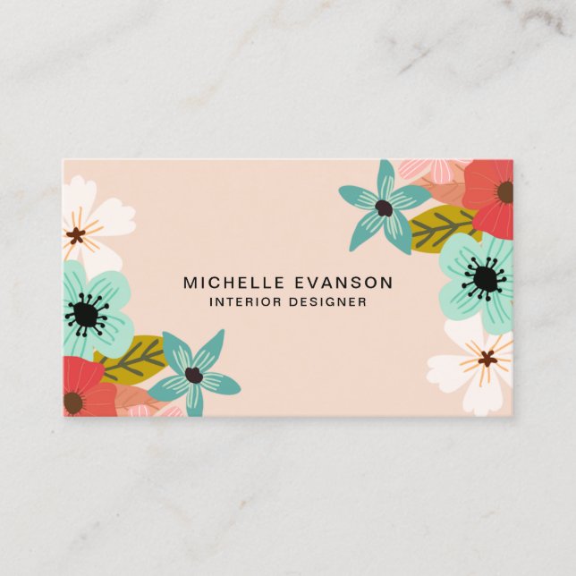 Peach Floral Colorful Flowers Elegant Business Card (Front)