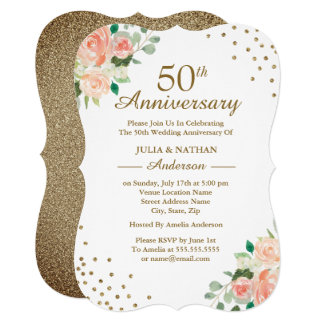 Peach Floral Confetti 50th Wedding Anniversary Invitation