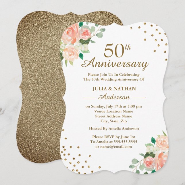 Peach Floral Confetti 50th Wedding Anniversary Invitation (Front/Back)