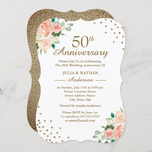Peach Floral Confetti 50th Wedding Anniversary Invitation