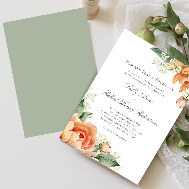 Peach Floral Corner Greenery Elegant Script Invitation (Elegant peach floral wedding design shown on mobile, perfect for modern sharing and digital previews)