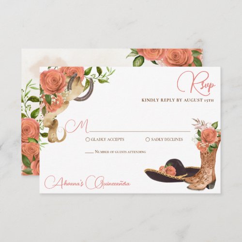 Peach Floral Country Western Charro Quinceanera RSVP Card