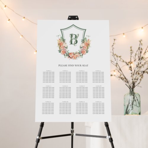 Peach Floral Crest 12 Table Seating Chart Foam Board