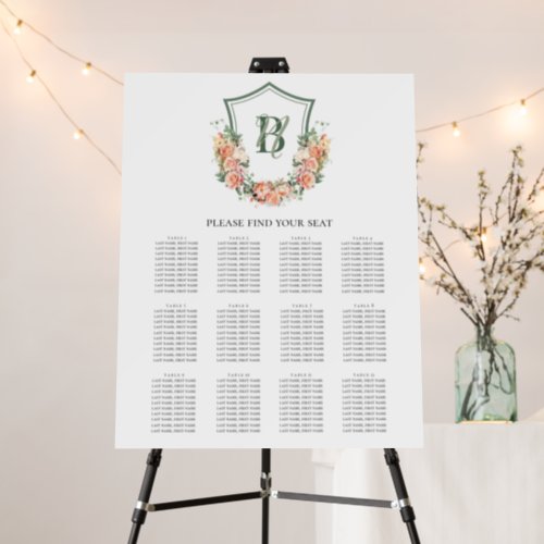 Peach Floral Crest 12 Table Seating Chart Foam Board