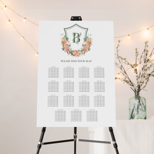 Peach Floral Crest 15 Table Seating Chart Foam Board