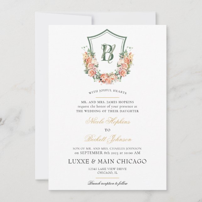 Peach Floral Crest Wedding Invitation (Front)