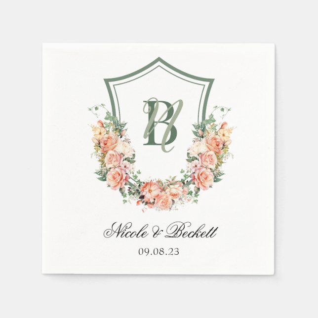 Peach Floral Crest Wedding Napkins (Front)