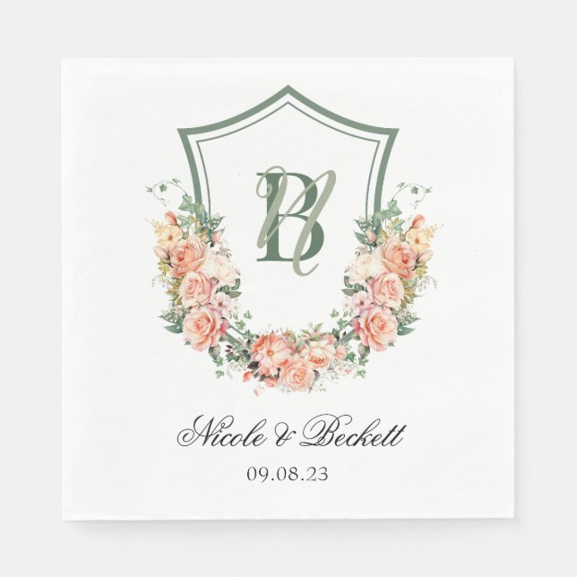 Peach Floral Crest Wedding Napkins (Front)