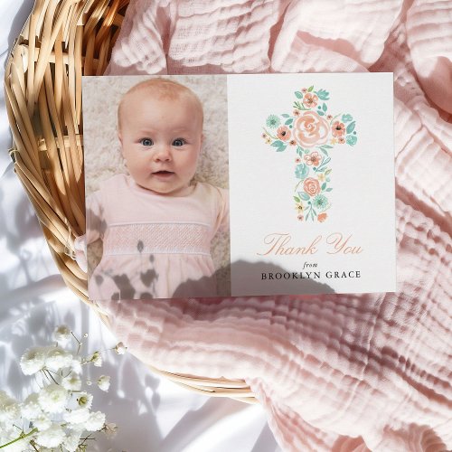 Peach Floral Cross Baptism  Christening Thank You Postcard