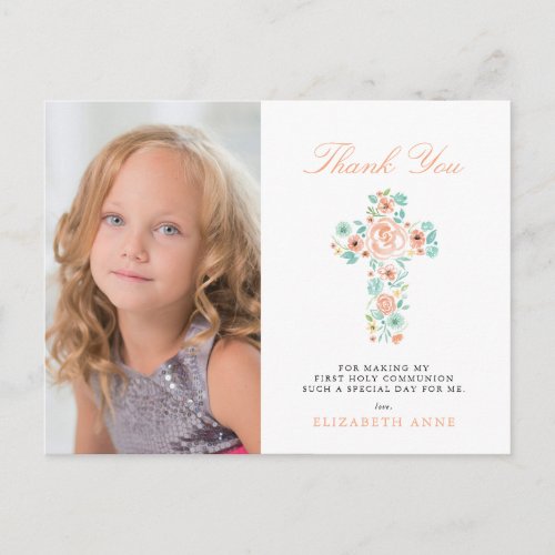 Peach Floral Cross First Holy Communion Thank You Postcard