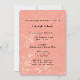 Peach Floral Dragonfly Bridal Shower Invitation