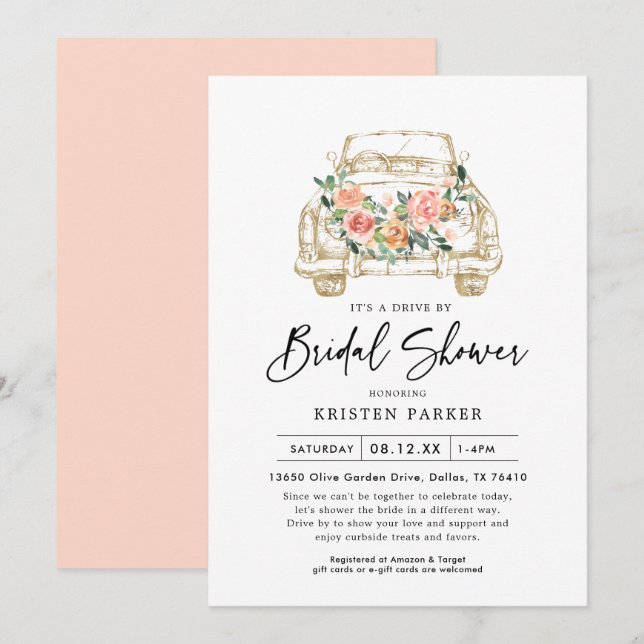 Peach Floral Drive By Bridal Shower Invitation (Front/Back)