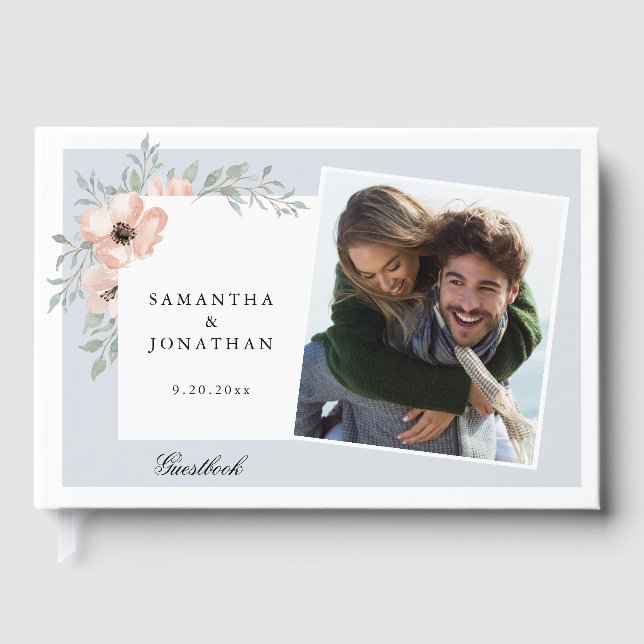 Peach Floral Dusty Blue 2 Photos Wedding Guest Book (Front)