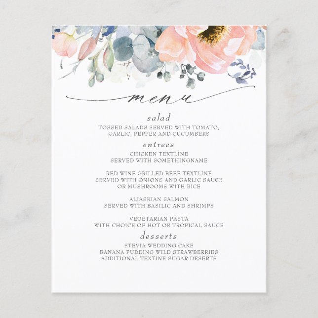 Peach Floral Dusty Blue Wedding Menu Flyer (Front)