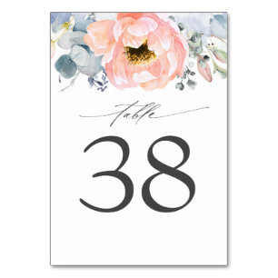 Peach Floral Dusty Blue Wedding Table Number Cards