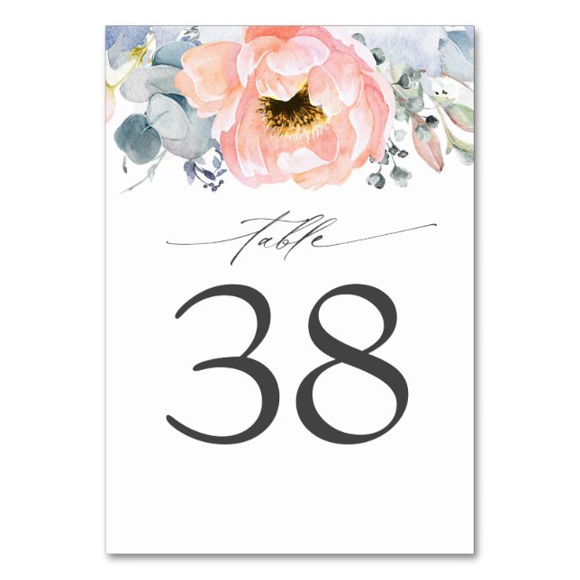Peach Floral Dusty Blue Wedding Table Number Cards (Front)