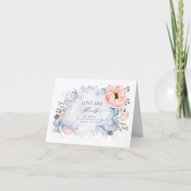 Peach Floral Elegant Dusty Blue Wedding Thank You Card (Front)