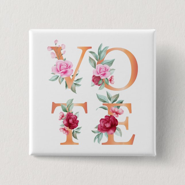 Peach Floral Elegant Feminine Go Vote Button (Front)