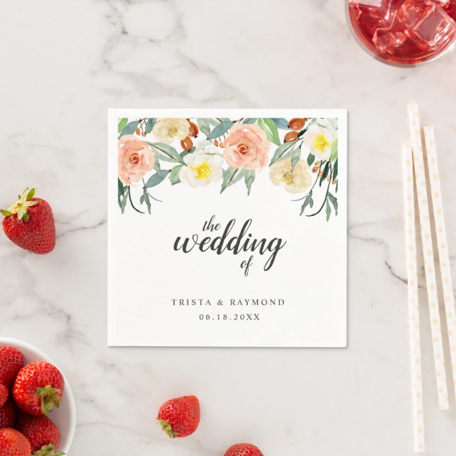 Peach Floral Elegant Wedding Napkins (Insitu)