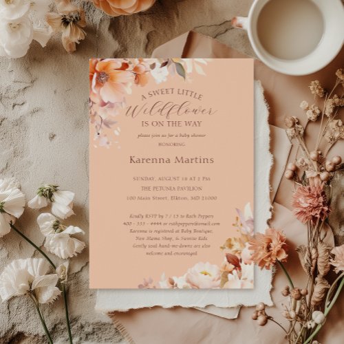 Peach Floral Fall Little Wildflower Baby Shower Invitation