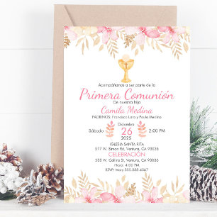 Peach Floral First Communion Elegant Chalice Invitation