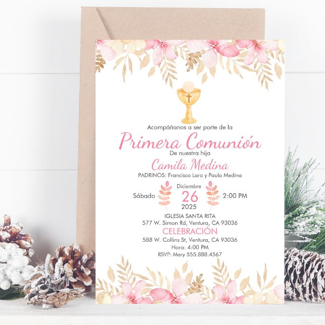 Peach Floral First Communion  Elegant Chalice Invitation (Creator Uploaded)