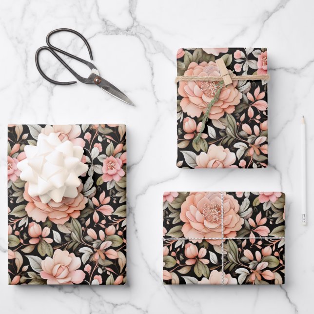 Peach Floral Flower Birthday Wedding Bridal Shower Wrapping Paper Sheets (Front)