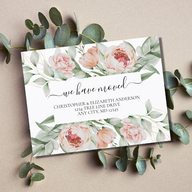 Peach Floral Flowers Greenery Script Moving  Announcement Postcard (Creator Uploaded)