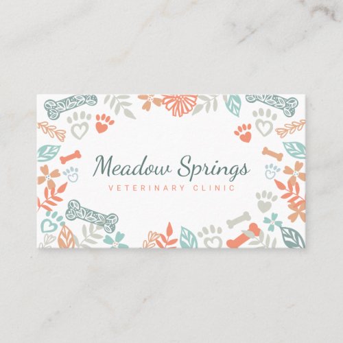 Peach Floral  Foliage Pet Paw Print Pattern Business Card