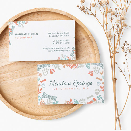 Peach Floral & Foliage Pet Paw Print Pattern Business Card