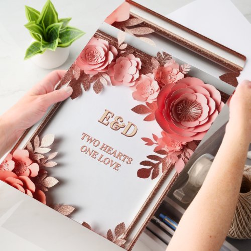  Peach Floral Frame With Gold Wedding Envelope Mailers