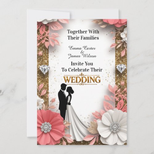  Peach Floral Frame With Gold Wedding  Invitation